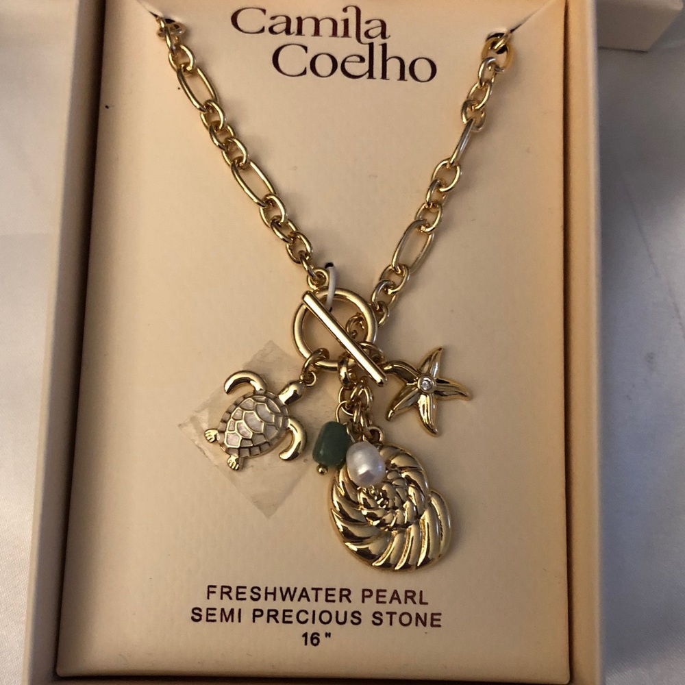 Camila Coelho Gold Tone Mixed Link Charm Necklace Turtle, Starfish & Conch NIB